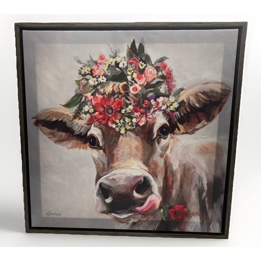 Floral Cow Canvas 13"x13" Wall Art –Glicee Flower Crown Farmhouse Decor Framed